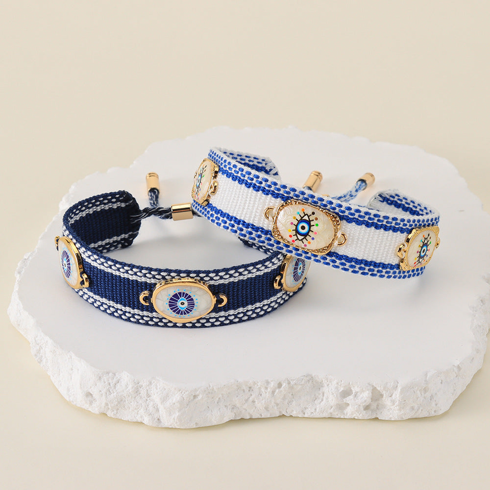 Cross-Border European & American Alloy Evil Eye Braided Bracelet, Adjustable Tassel Hand Rope, Fashion Personalized Jewelry for Women
