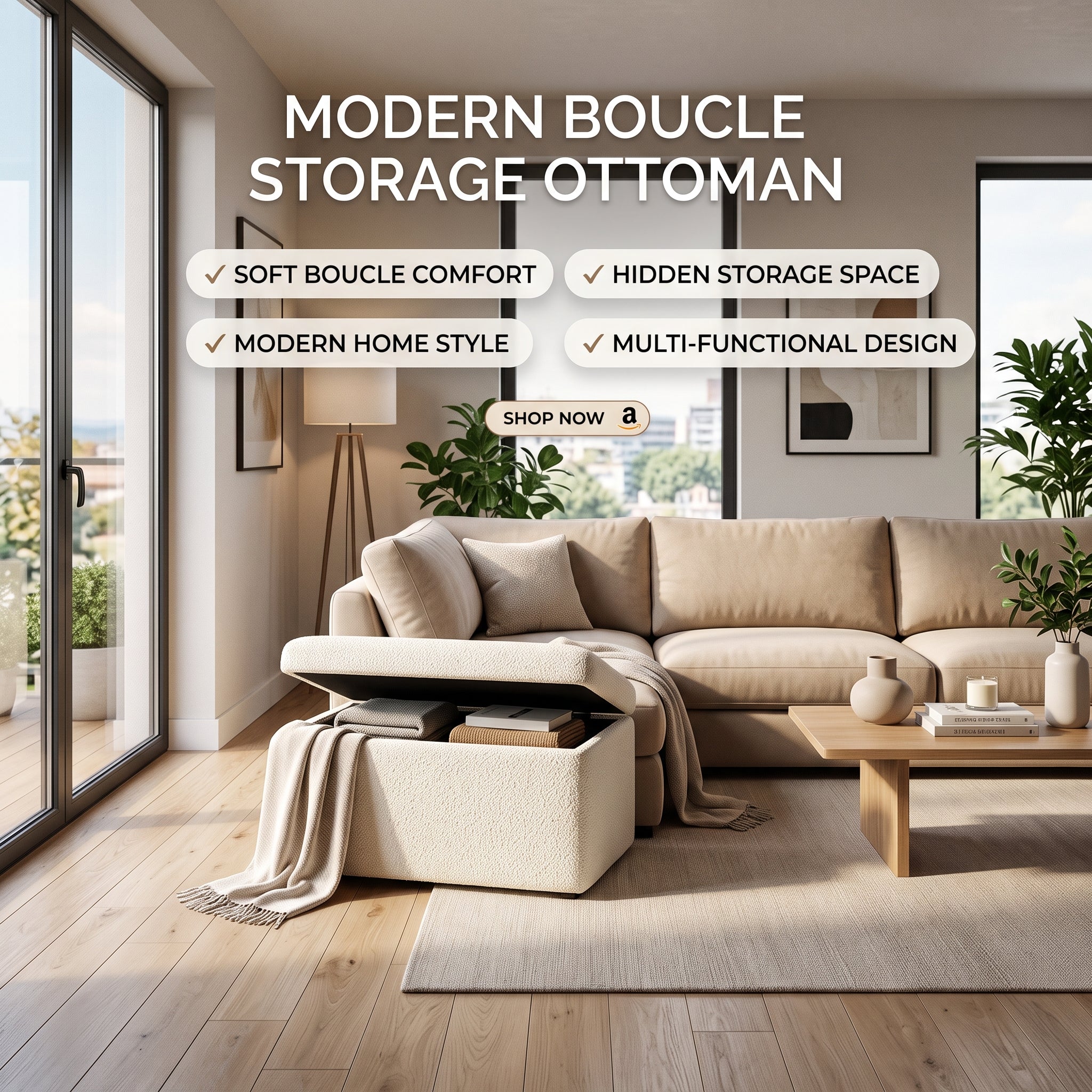 CloudSoft Boucle Ottoman – Modern Storage Stool Designed for Cozy Everyday Living