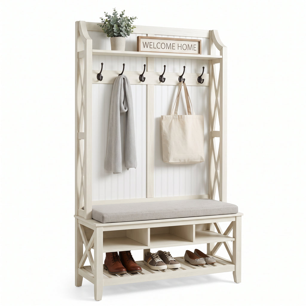 WelcomeHome Entryway Station – Smart Storage Bench with Coat Rack and Shoe Organization